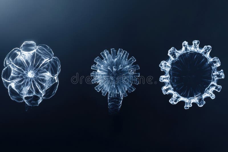 Progression of virus forms showcasing evolution from basic structure to complex structure. Generative AI stock images