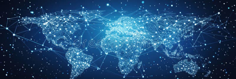 Visual representation of a global network interconnected by nodes on a tech-inspired blue background, symbolizing royalty free illustration