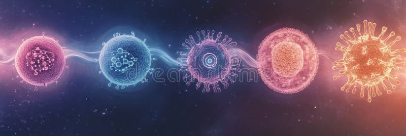 Progression of virus forms from simple to intricate structures showcasing evolutionary complexity in virology stock image