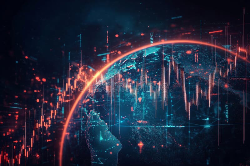 Visual representation of planet Earth intertwined with dynamic stock market graphs showcasing global financial trends royalty free stock photos