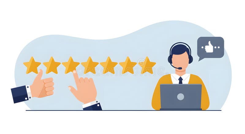 Illustration of positive customer review with star rating and agent vector illustration