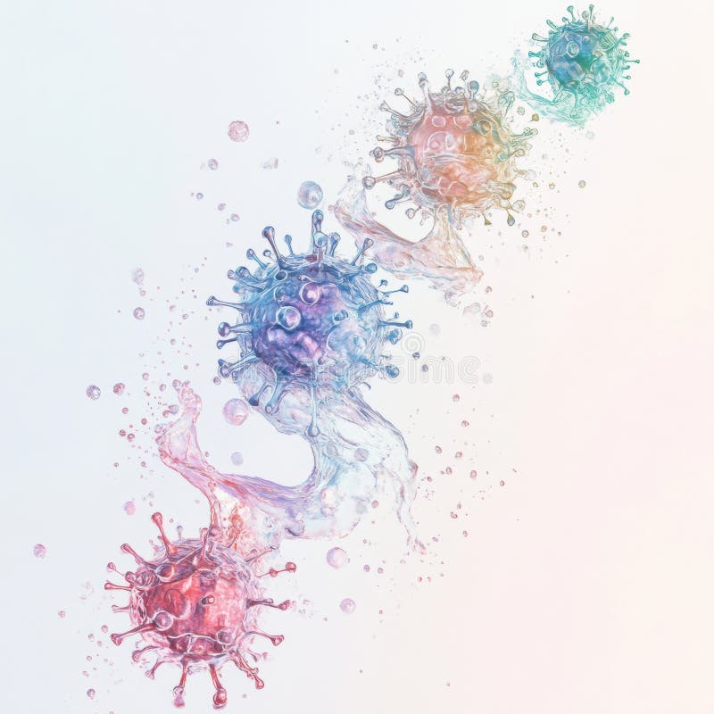 Progression of virus forms illustrated from basic to complex in vibrant colors and fluid shapes. Generative AI stock image