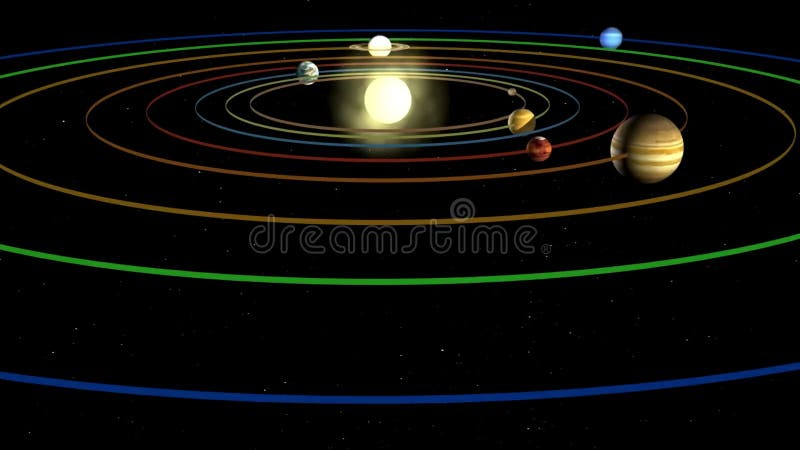 A visual representation of the solar system with planets orbiting the sun along colored paths vector illustration