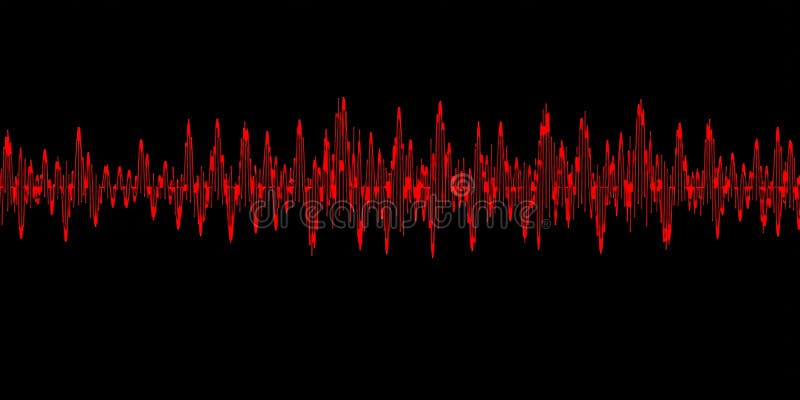 Sound waves represented in a striking red color against a black background royalty free illustration