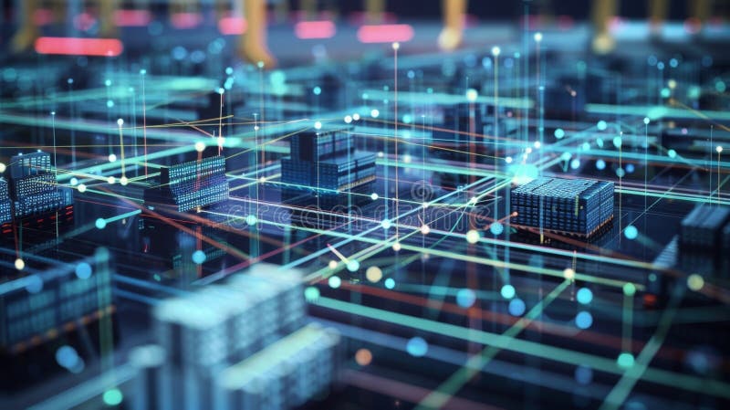 A visual representation of supply chain networks with lines connecting various production hubs and distribution centers