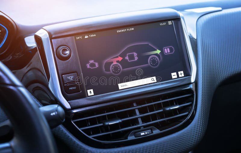 Visual simulation of battery charging when braking on the in-car display. The concept of driving an electric or hybrid car royalty free stock photo Visual simulation of battery charging when braking on the in-car display. The concept of driving an electric or hybrid car royalty free stock photo