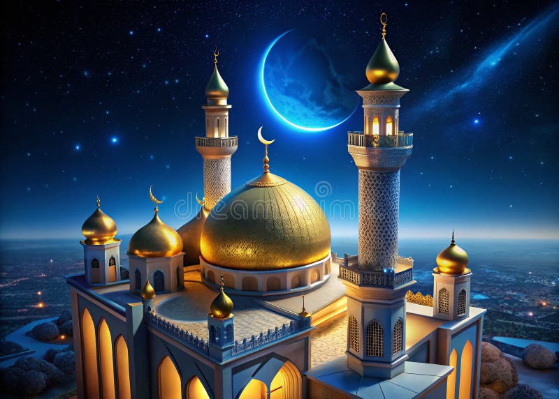 Superbe visualisation architecturale Une mosquée nocturne bleue et dorée avec un croissant de lune majestueux, un rendu 3D de illustration stock