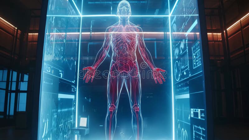Visualisation de l'anatomie humaine dans un environnement technologique avancé avec des éléments néons pour l'éducation illustration stock