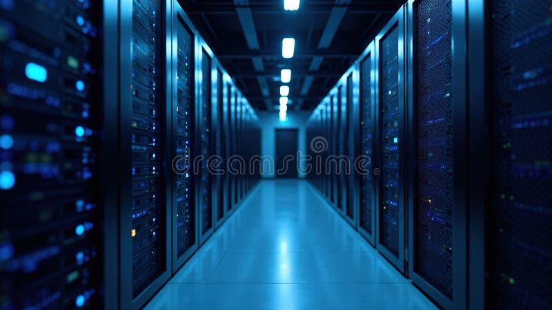 Visualisering av kraften hos Cloud Computing A Futuristic Data Center Server Rack Illustration stock illustrationer