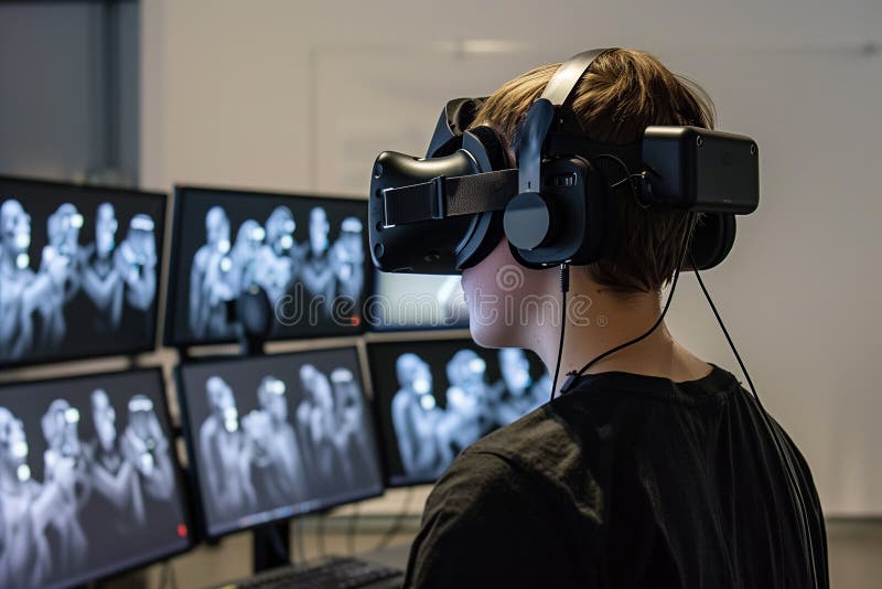 Visualisierung virtueller Realität einer dezentralisierten autonomen Organisation DAOA Mann trägt vr Headset vor Computer lizenzfreie stockfotos