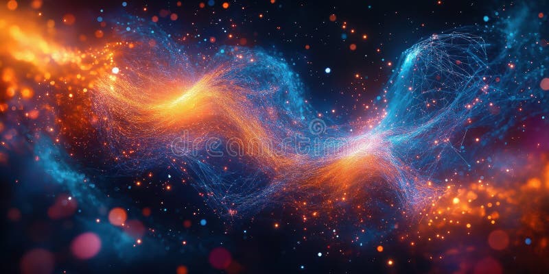 Visualización abstracta de la fusión de las mentes de la ayuda humana. las coloridas redes neuronales entrelazadas con flujos de d ilustración del vector