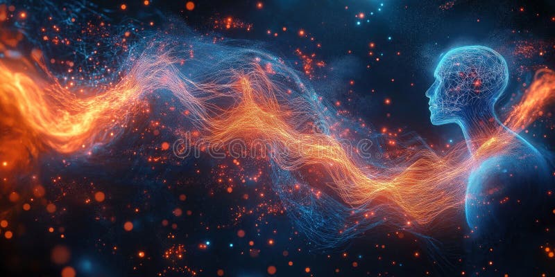 Visualización abstracta de la fusión de las mentes de la ayuda humana. coloridas redes neuronales flujos de datos digitales mezcla stock de ilustración