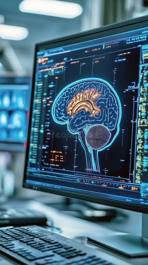 Visualization of Brain Activity Displayed on a Digital Screen in a Modern Research Lab Setting royalty free stock image