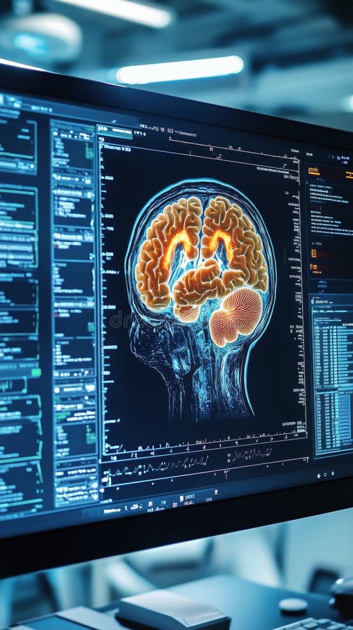 Visualization of Brain Activity Displayed on a Digital Screen in a Modern Research Lab Setting royalty free stock image