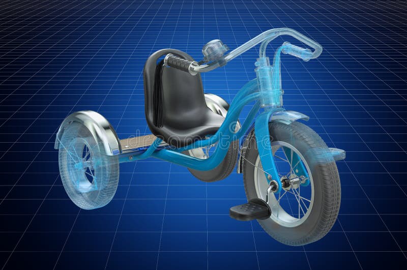 Visualization 3d Cad Model of Kids Bicycle Tricycle, Blueprint. 3D
