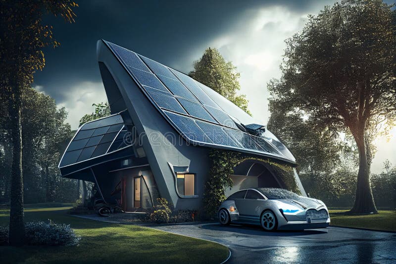 Visualization of Green Eco Home with Solar Panels and Wind Turbine