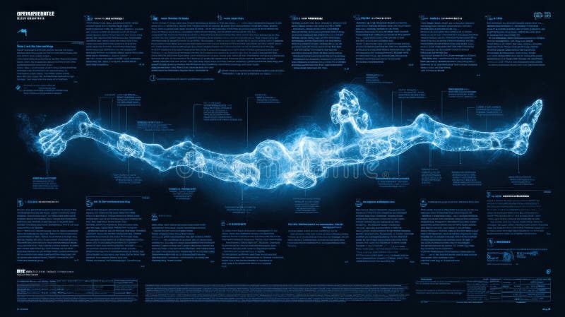 A detailed representation of a human figure outlined in blue light, showcasing the anatomy with annotations on muscles, organs, and physiological data. Annotations ai stock images, royalty-free photos and pictures