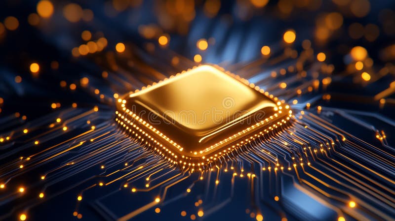A visualization of quantum computing elements featuring a central processing unit surrounded by illuminated connections royalty free stock photography