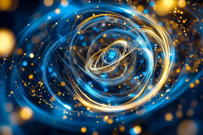 Visualization of quantum computing elements illustrating dynamic particle interactions and energy flow in vibrant hues royalty free stock photo