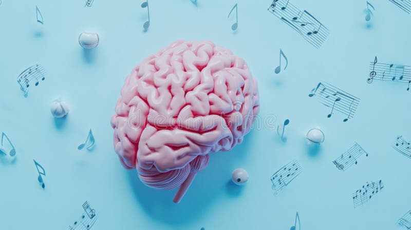 The visualization shows a human brain immersed in musical notes against a soothing pastel blue backdrop, highlighting stock photography