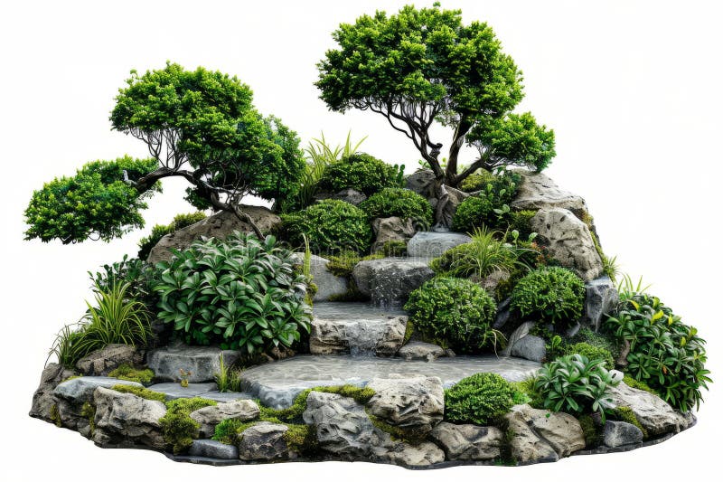 Visualize a garden oasis with green bushes and a water feature, the plants on a white background. royalty free stock images