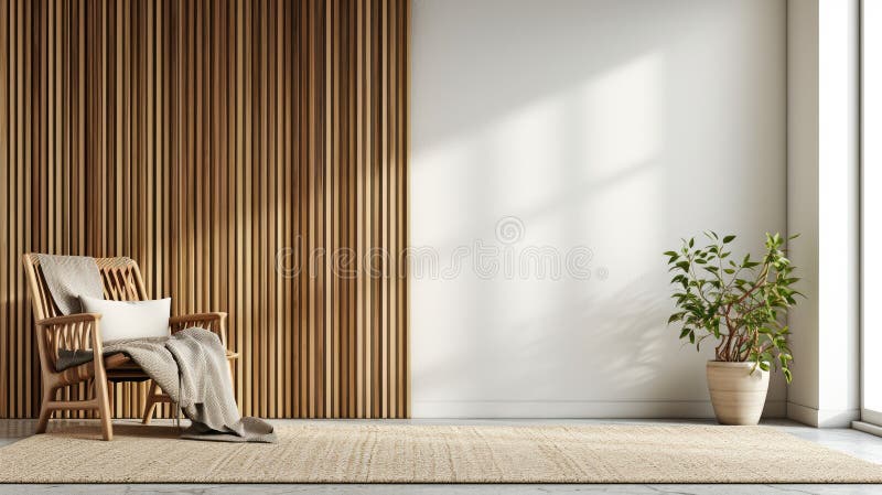 Vizualizează-ți spațiul într-o cameră modernă și goală, cu un panou decorativ din lemn și un scaun confortabil, cu o pătură genera. Explorarea posibilităților într-o cameră modernă și goală, cu un panou decorativ din lemn pe perete și un scaun cald într-o pătură generată