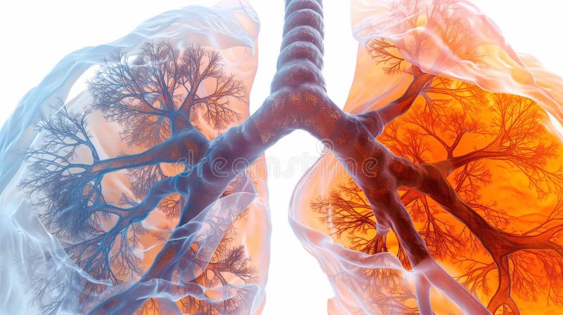 Visualizing bronchi highlights their intricate structures and the colors of various lung sections stock illustration