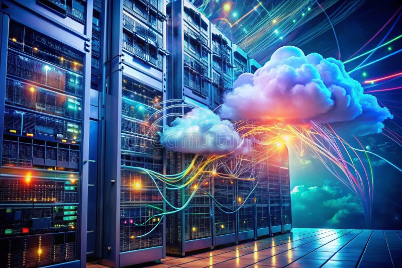 Visualizing the Cloud Computing Ecosystem A Comprehensive Overview of Data Flow and Network Interconnections. This abstract illustration provides a comprehensive overview of a cloud computing system, showcasing the intricate interplay of data flow and network connections. The dynamic representation highlights the core components of a modern cloud infrastructure, including servers, storage, and networking elements. The abstract design allows for a clear visualization of the interconnected nature of cloud