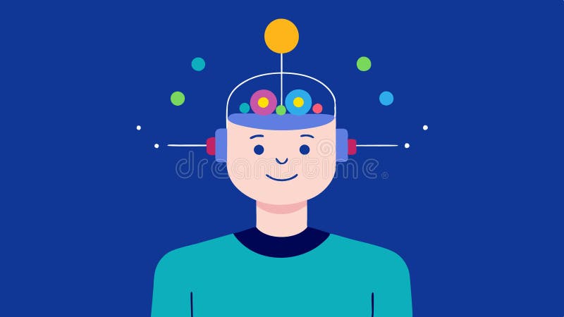 Visualizing Emotions A user with a BCI device where their brain signals create colorful visual patterns that depict royalty free illustration