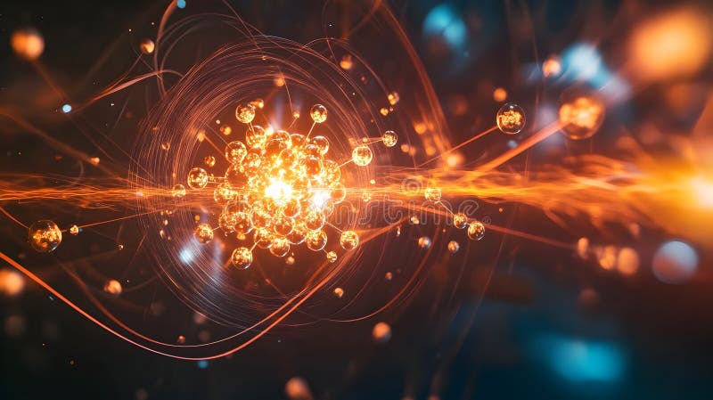 Visualizing Subatomic Fission Glowing Atomic Particles in Dynamic Motion royalty free illustration
