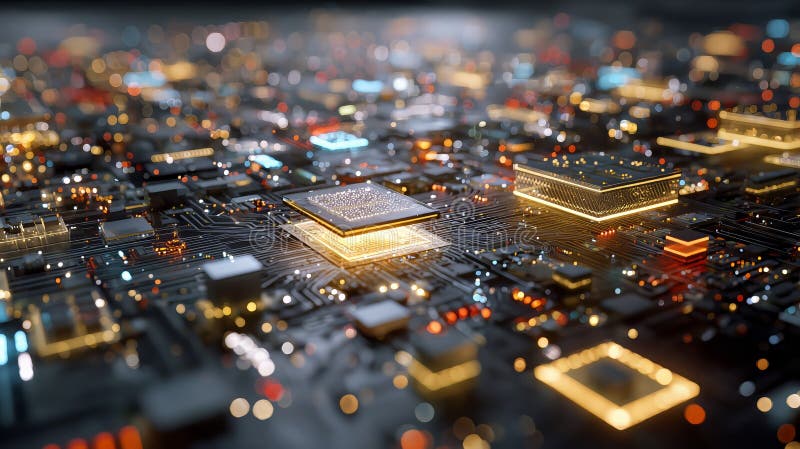 Visualizing intricate technology with circuit boards, microchips, and advanced AI neural networks interconnected in landscape. A close-up view showcases a complex array of circuit boards, microchips, and CPUs interconnected with glowing pathways. AI generated