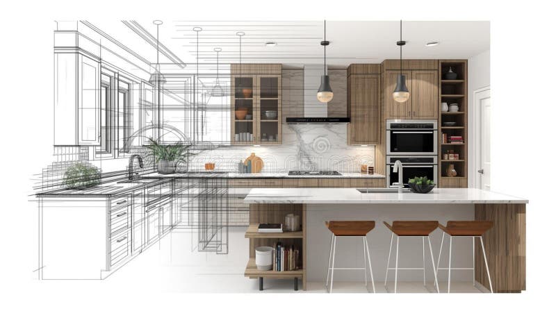 Visualizing Modern Kitchen Design from Initial Blueprint Sketch to Realistic Completion vector illustration
