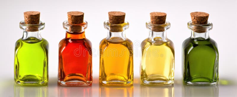 Visualizzazione colorata delle bottiglie di olio aromatico con tappo di sugheroImmagine generata da AI immagine stock libera da diritti
