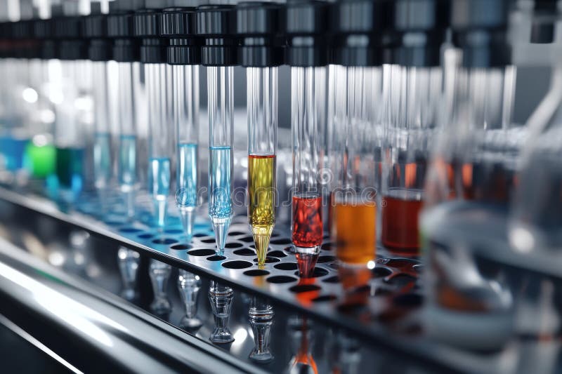 Visualizzazione dettagliata delle apparecchiature di laboratorio con vari tubi di prova in vetro e pipette riempite di colori bril fotografia stock libera da diritti
