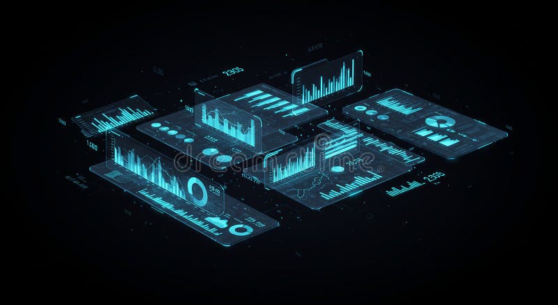 Visualizzazione digitale con più schermi trasparenti che visualizzano vari illustrazione vettoriale