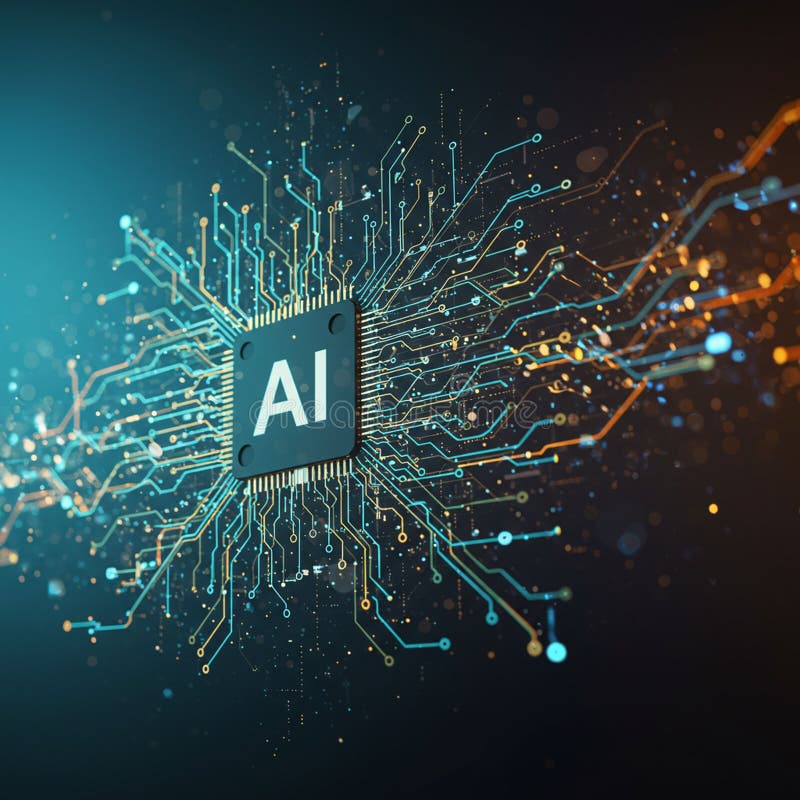 Visualizzazione digitale di un microchip AI circondato da circuiti complessi. illustrazione vettoriale