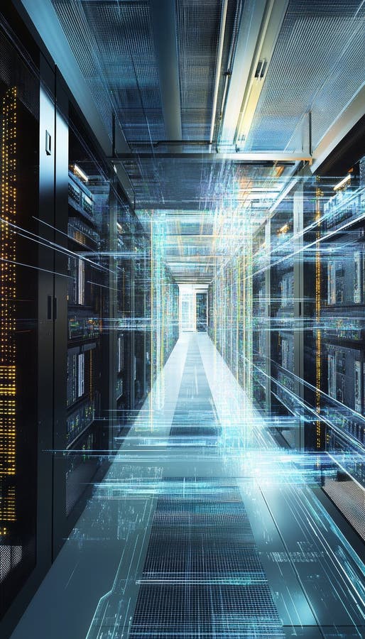Visualizzazione interna di un centro dati che presenta apparecchiature tecnologiche cablaggio e progettazione del flusso d'aria illustrazione vettoriale