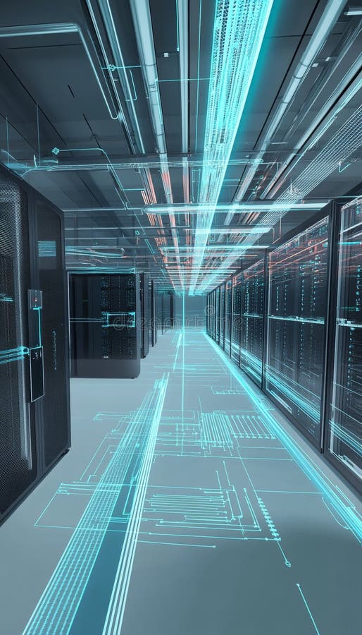 Visualizzazione interna di un centro dati che presenta apparecchiature tecnologiche cablaggio e progettazione del flusso d'aria illustrazione di stock