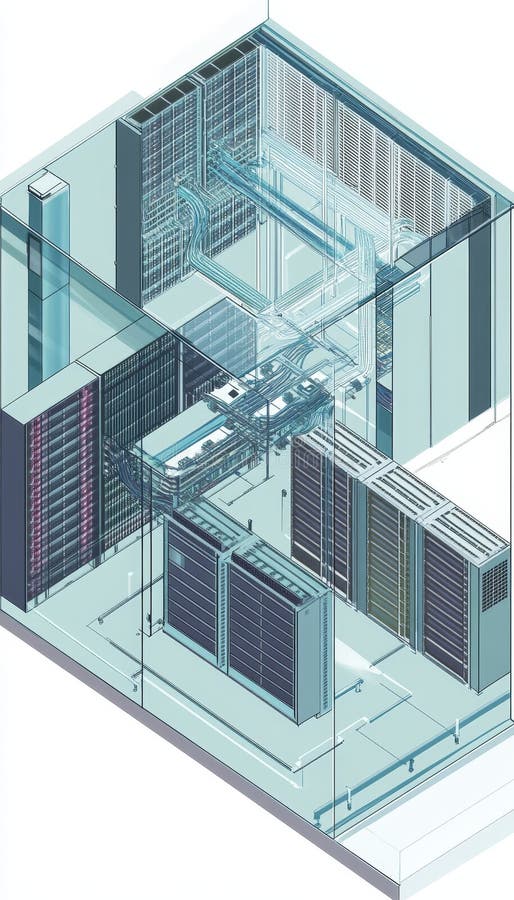 Visualizzazione interna di un centro dati che presenta apparecchiature tecnologiche cablaggio e progettazione del flusso d'aria royalty illustrazione gratis