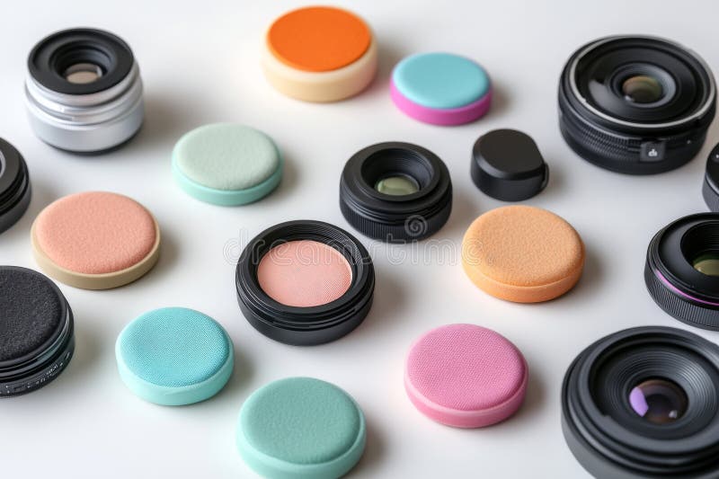 A vibrant collection of camera lenses and colorful caps. The intricate details showcase varying designs and textures stock photos