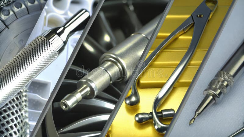 A visually appealing layout of several completed metal products demonstrating diverse applications including automotive royalty free stock photo