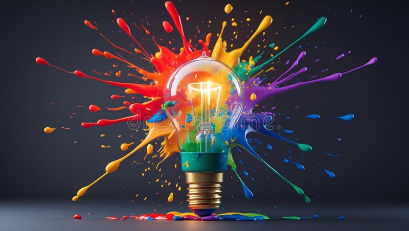 Creativity Unleashed: A Glowing Light Bulb Illuminated by an Explosion of Vibrant Multicolored Paint Splashes Symbolizing Imaginat vector illustration