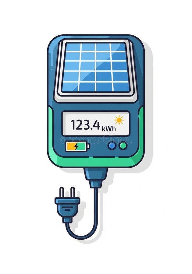 Visually conveys the concept of solar energy efficiency in a sleek illustration of a digital energy meter featuring a solar panel ilustração royalty free
