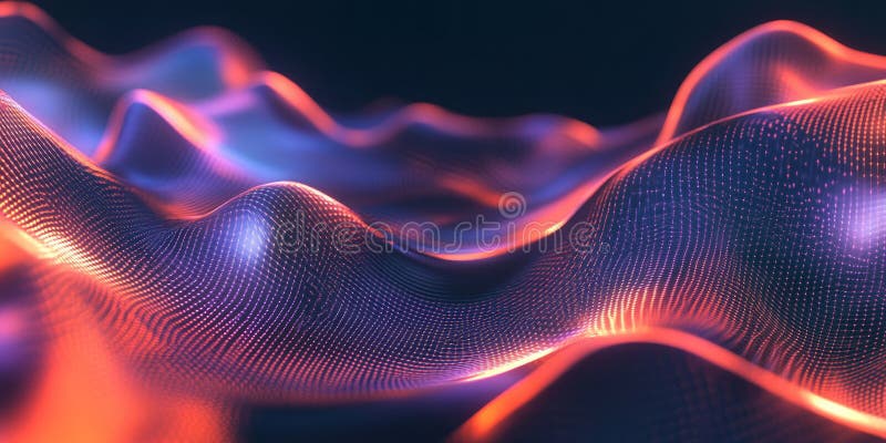 A visually dynamic abstract background with undulating metallic waves, infused with glowing neon stock photo