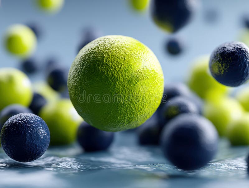 A visually striking image with floating green spheres, one displaying the letter E in a swirl design, surrounded by stock photo