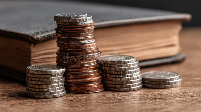 Stacked Coins on Financial Account Book Money, Wealth, Finance, Business, and Literature Converge royalty free illustration