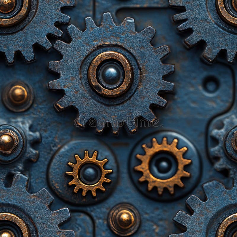 Blue and gold steampunk gears in a mechanical system stock photos