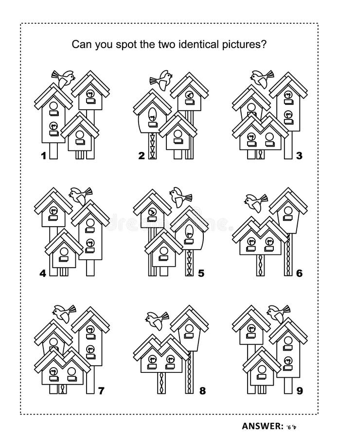 Visueel raadsel en kleurende pagina met de lentevogelhuizen vector illustratie Visueel raadsel en kleurende pagina met de lentevogelhuizen vector illustratie