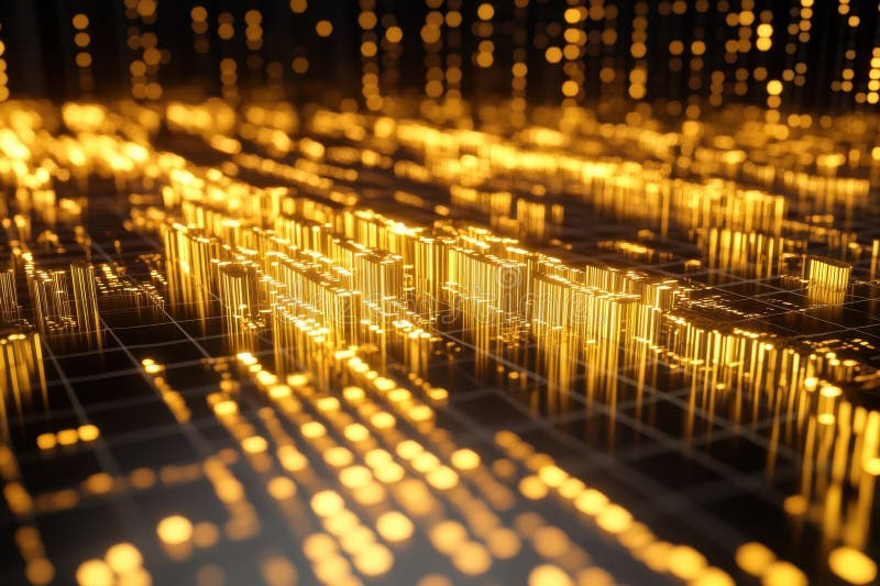 Visuell markante goldene Datenvisualisierung, die Schallwellen in einer digitalen Landschaft darstellt vektor abbildung