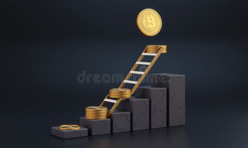 Visuell representation av ekonomisk tillväxt med stege som består av mynt som leder till bitcoin symbolisering av framgång och inv royaltyfri illustrationer